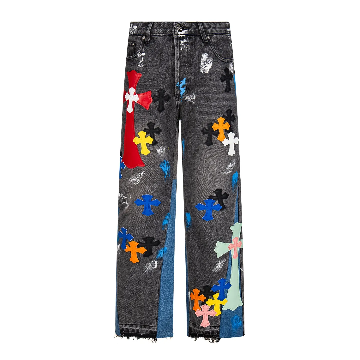 💰290 GALLERY DEPT & Chrome hearts Chrome Hearts co-branded big red logo with blue, yellow, black and white multi-color splicing washed jeans. Really restores the ultimate vintage texture. Three-dimensional version. Loose and comfortable, not picky about the figure. Makes you taller and slimmer. Factory Seiko. Original quality control. Same style for men and women. Can be matched with couples. Versatile recommendation. Must-have jeans for all seasons. Trendsetters have been disappointed. From the quality selection of fabrics, the tailoring of details, and the matching of patterns, they are all impeccable! The upper body is so handsome when worn...it can be easily worn by men, women and children! The craftsmanship is made of heavy-duty washed pure cotton denim fabric. After washing, it is soft and thick. It is very stylish when worn on the body. Style number: 1757# Color: black Size: 28 30 32 34 36